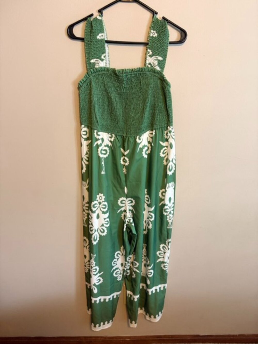 Green & White Smocked Floral Jumpsuit
